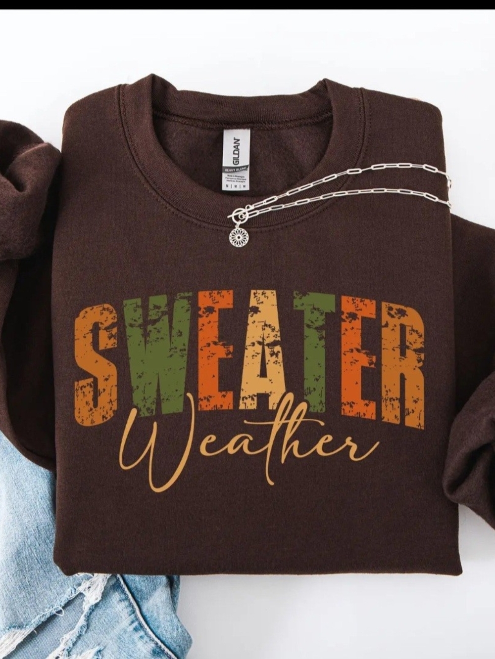 Gildan Brown Crewneck Sweatshirt with Green and Orange "Sweater Weather" Graphic